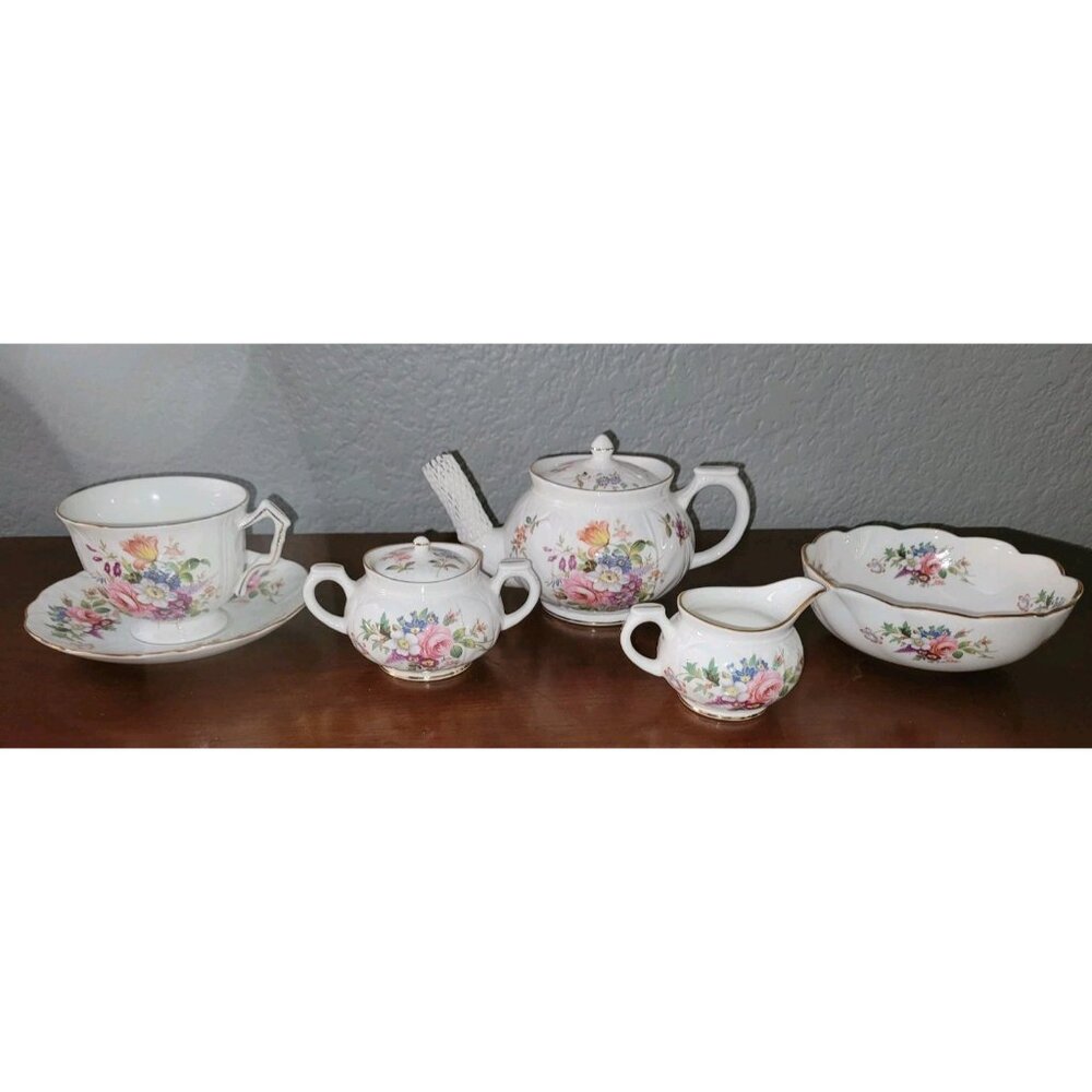 Aynsley HOWARD SPRAY Mini Teapot, Sugar, Creamer Floral Pink Rose Bone China EUC
